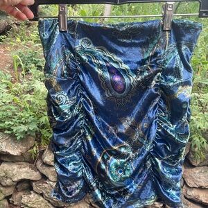 Free People Velvet Blue Ruched Mini Pencil Skirt